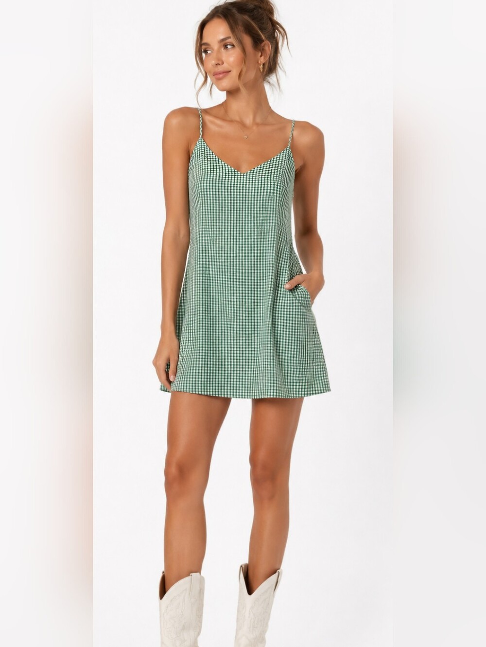 Mini green checker western Y2K cowgirl pocket spaghetti strap lined dress S